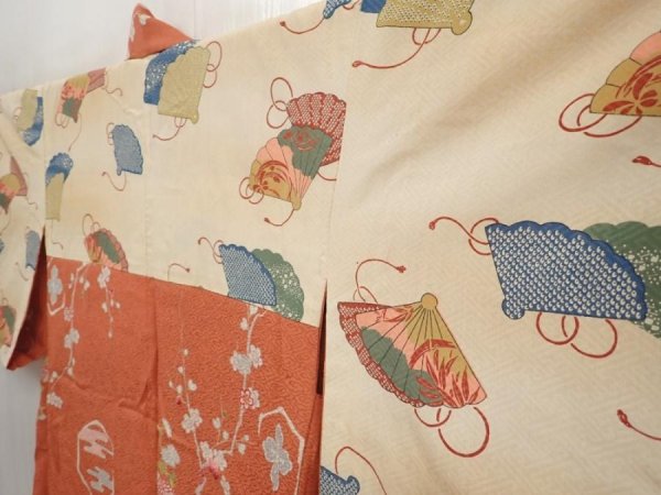 Photo8: 6430T07z400 Vintage Japanese Kimono Silk HAORI Chrysanthemum Dark salmon (8)