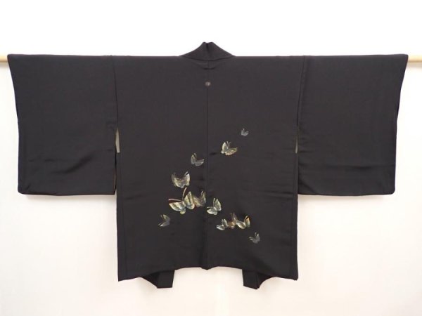 Photo1: 6430T09z580 Vintage Japanese Kimono Silk HAORI Butterfly Black (1)