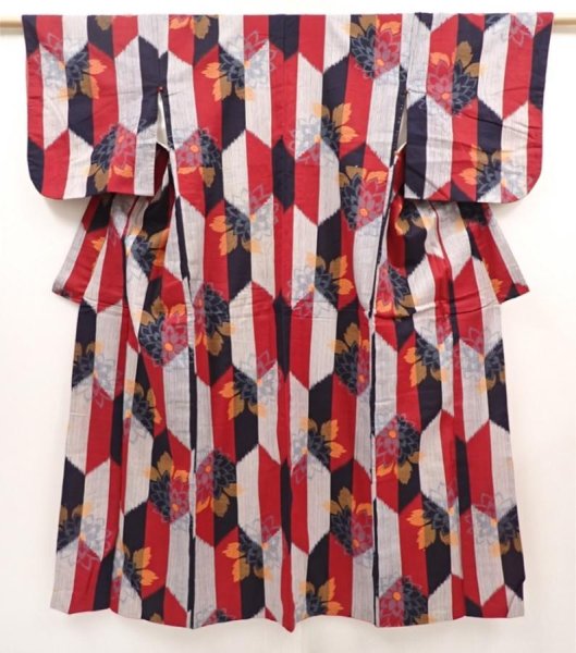 Photo1: 6430T12z700 Antique Japanese Kimono Cotton TSUMUGI Flower Dark red (1)