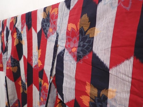 Photo2: 6430T12z700 Antique Japanese Kimono Cotton TSUMUGI Flower Dark red (2)