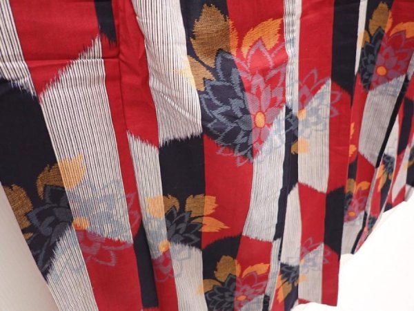 Photo3: 6430T12z700 Antique Japanese Kimono Cotton TSUMUGI Flower Dark red (3)