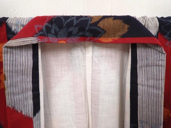 Photo7: 6430T12z700 Antique Japanese Kimono Cotton TSUMUGI Flower Dark red (7)