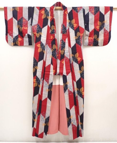 Photo8: 6430T12z700 Antique Japanese Kimono Cotton TSUMUGI Flower Dark red (8)