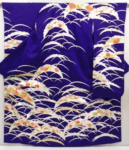 Photo1: 6430T13z1050 Vintage Japanese Kimono Silk FURISODE Flowers Dark lavender blue (1)