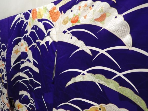 Photo2: 6430T13z1050 Vintage Japanese Kimono Silk FURISODE Flowers Dark lavender blue (2)
