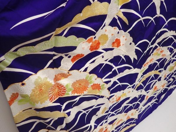 Photo3: 6430T13z1050 Vintage Japanese Kimono Silk FURISODE Flowers Dark lavender blue (3)