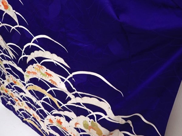 Photo4: 6430T13z1050 Vintage Japanese Kimono Silk FURISODE Flowers Dark lavender blue (4)