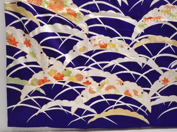 Photo6: 6430T13z1050 Vintage Japanese Kimono Silk FURISODE Flowers Dark lavender blue (6)