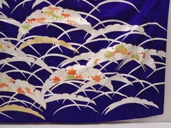 Photo7: 6430T13z1050 Vintage Japanese Kimono Silk FURISODE Flowers Dark lavender blue (7)