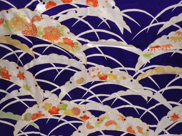 Photo8: 6430T13z1050 Vintage Japanese Kimono Silk FURISODE Flowers Dark lavender blue (8)