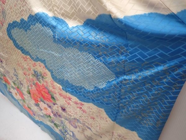 Photo4: 6430T14z1230 Vintage Japanese Kimono Silk FURISODE Flowers Off-white (4)