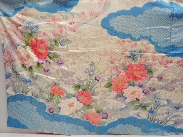 Photo5: 6430T14z1230 Vintage Japanese Kimono Silk FURISODE Flowers Off-white (5)