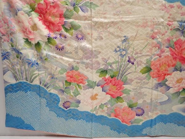 Photo6: 6430T14z1230 Vintage Japanese Kimono Silk FURISODE Flowers Off-white (6)
