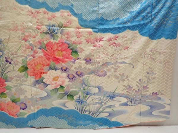 Photo7: 6430T14z1230 Vintage Japanese Kimono Silk FURISODE Flowers Off-white (7)