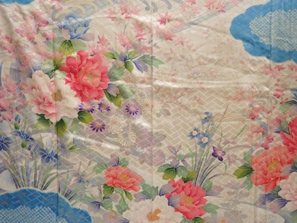 Photo8: 6430T14z1230 Vintage Japanese Kimono Silk FURISODE Flowers Off-white (8)