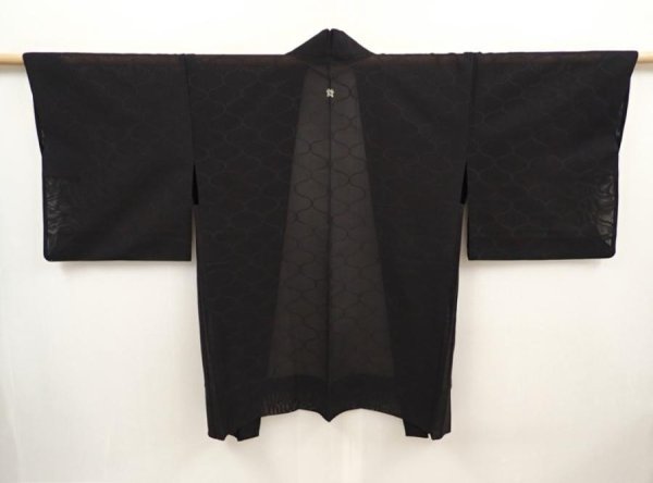 Photo1: 6508T01z350 Vintage Japanese Kimono Silk See through HAORI Tatewaku Black (1)