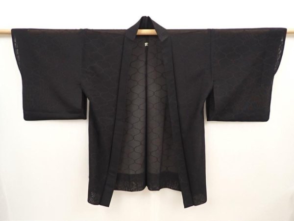 Photo6: 6508T01z350 Vintage Japanese Kimono Silk See through HAORI Tatewaku Black (6)