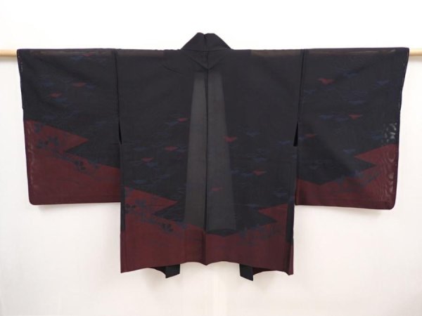 Photo1: 6508T04z300 Vintage Japanese Kimono Silk See through HAORI Plants Black (1)