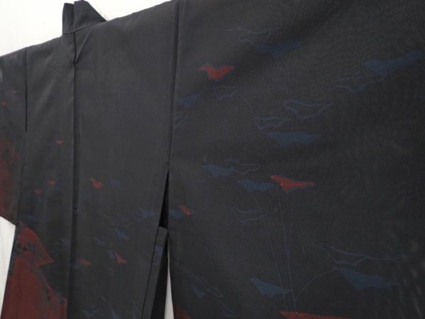 Photo2: 6508T04z300 Vintage Japanese Kimono Silk See through HAORI Plants Black (2)
