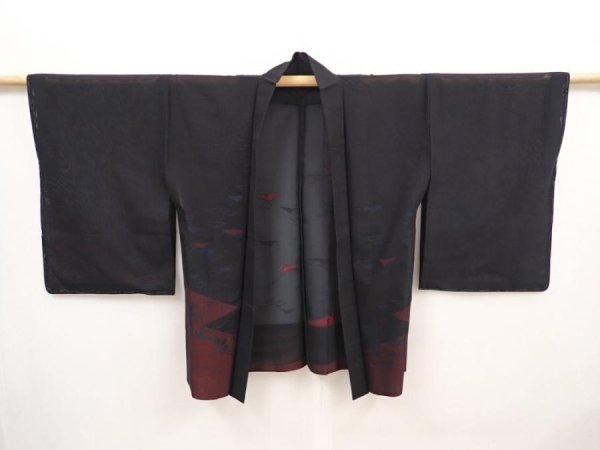 Photo5: 6508T04z300 Vintage Japanese Kimono Silk See through HAORI Plants Black (5)