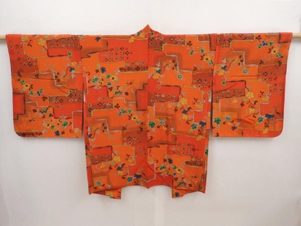 Photo1: 6508T05z610 Vintage Japanese Kimono Silk HAORI Flowers Orangered (1)