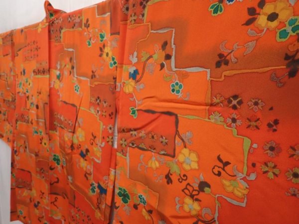 Photo2: 6508T05z610 Vintage Japanese Kimono Silk HAORI Flowers Orangered (2)