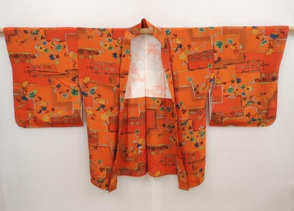 Photo5: 6508T05z610 Vintage Japanese Kimono Silk HAORI Flowers Orangered (5)