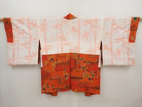 Photo6: 6508T05z610 Vintage Japanese Kimono Silk HAORI Flowers Orangered (6)