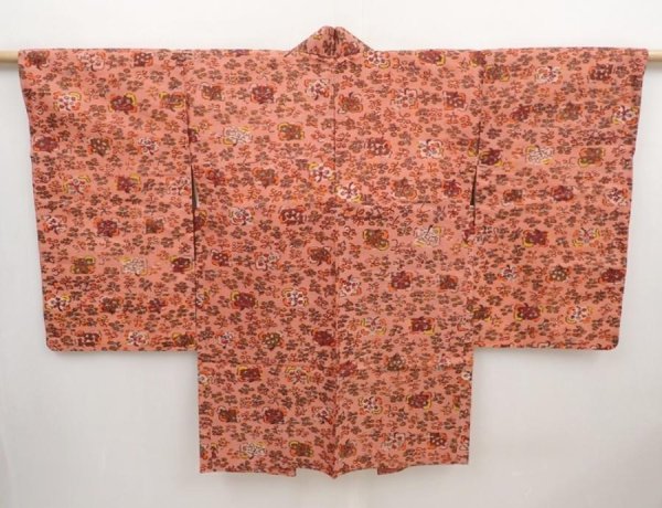 Photo1: 6508T06z390 Vintage Japanese Kimono Silk MEISEN HAORI Flower Dark coral (1)