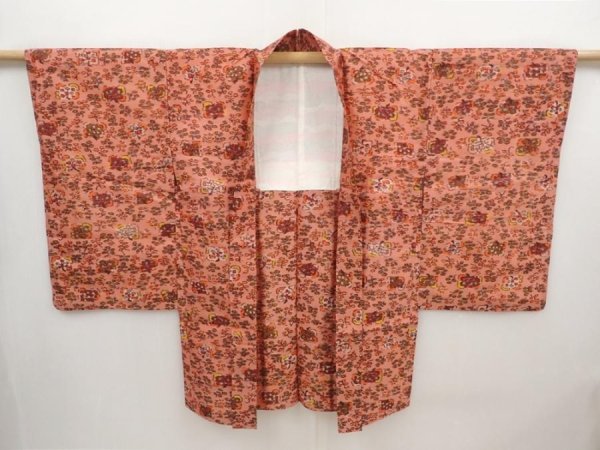 Photo5: 6508T06z390 Vintage Japanese Kimono Silk MEISEN HAORI Flower Dark coral (5)