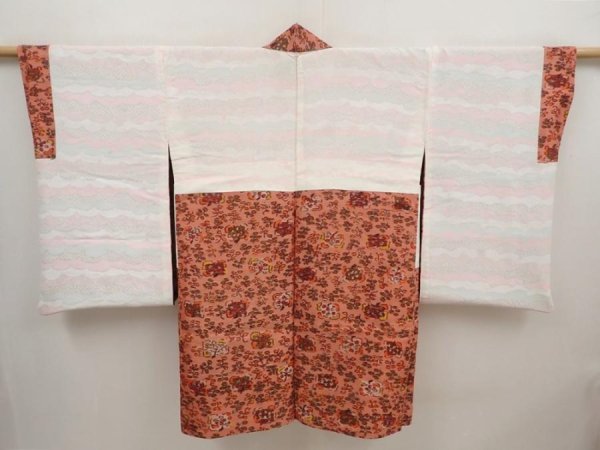 Photo6: 6508T06z390 Vintage Japanese Kimono Silk MEISEN HAORI Flower Dark coral (6)