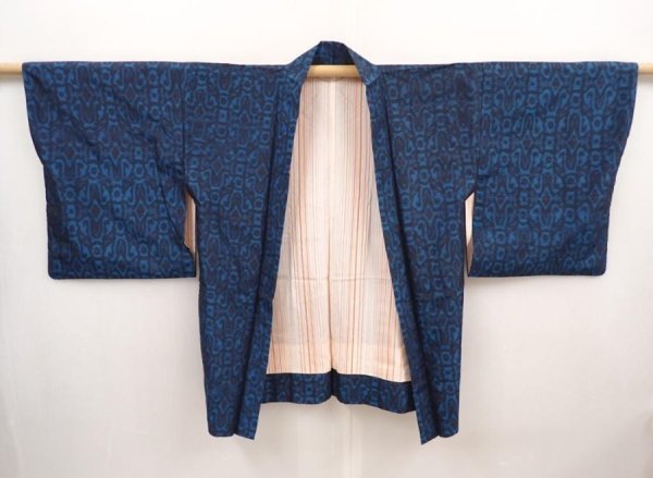 Photo5: 6508T07z420 Vintage Japanese Kimono Silk HAORI  Dark blue (5)