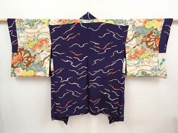 Photo6: 6508T10z460 Vintage Japanese Kimono Silk HAORI  Dark navy (6)