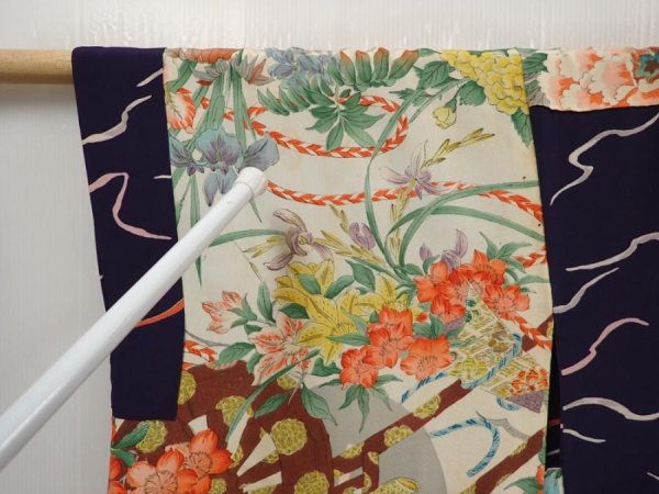 Photo8: 6508T10z460 Vintage Japanese Kimono Silk HAORI  Dark navy (8)