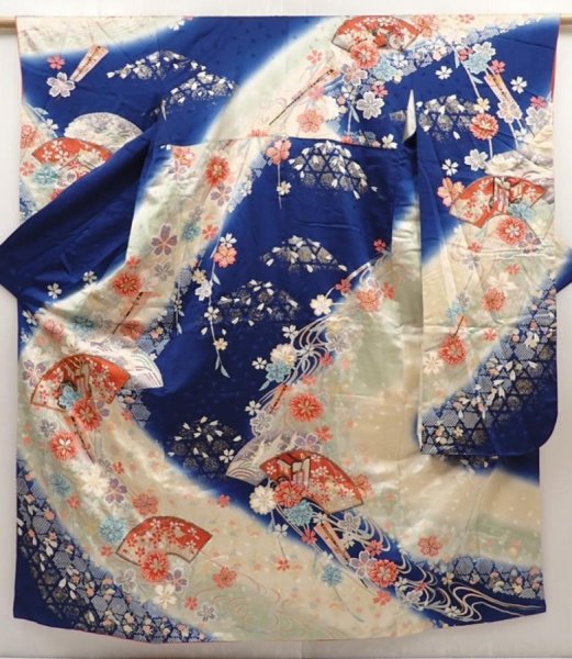 Photo1: 6508T12z1150 Vintage Japanese Kimono Silk FURISODE Jigami Dark blue (1)