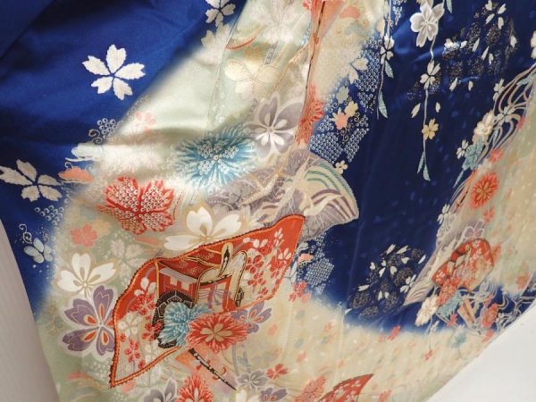 Photo3: 6508T12z1150 Vintage Japanese Kimono Silk FURISODE Jigami Dark blue (3)