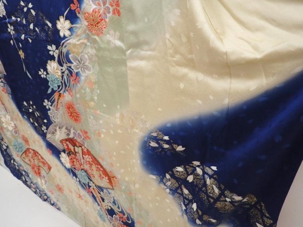 Photo4: 6508T12z1150 Vintage Japanese Kimono Silk FURISODE Jigami Dark blue (4)