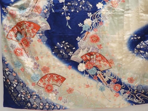 Photo5: 6508T12z1150 Vintage Japanese Kimono Silk FURISODE Jigami Dark blue (5)
