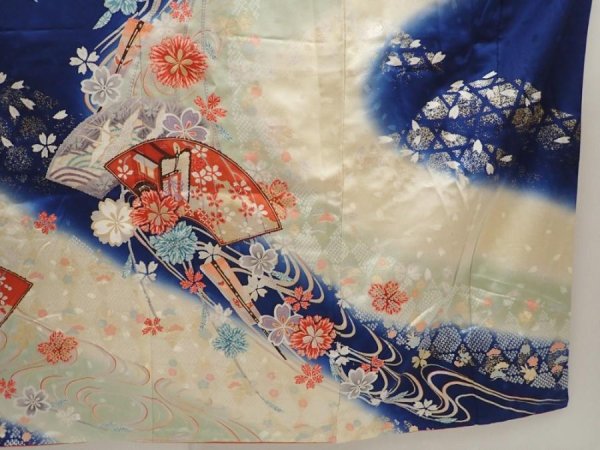 Photo7: 6508T12z1150 Vintage Japanese Kimono Silk FURISODE Jigami Dark blue (7)