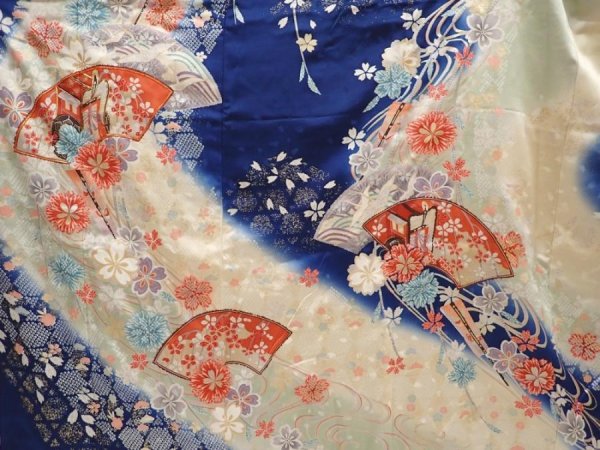 Photo8: 6508T12z1150 Vintage Japanese Kimono Silk FURISODE Jigami Dark blue (8)
