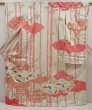 Photo1: 6508T13z1080 Vintage Japanese Kimono Silk FURISODE Origami crane  Mint white (1)