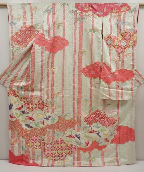 Photo1: 6508T13z1080 Vintage Japanese Kimono Silk FURISODE Origami crane  Mint white (1)