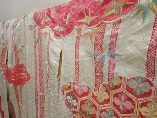 Photo2: 6508T13z1080 Vintage Japanese Kimono Silk FURISODE Origami crane  Mint white (2)