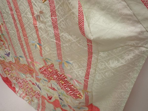 Photo4: 6508T13z1080 Vintage Japanese Kimono Silk FURISODE Origami crane  Mint white (4)