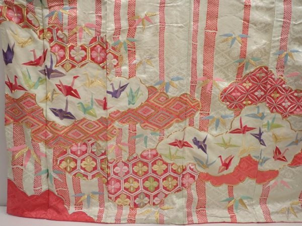 Photo5: 6508T13z1080 Vintage Japanese Kimono Silk FURISODE Origami crane  Mint white (5)