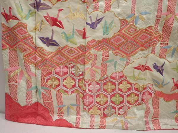 Photo6: 6508T13z1080 Vintage Japanese Kimono Silk FURISODE Origami crane  Mint white (6)