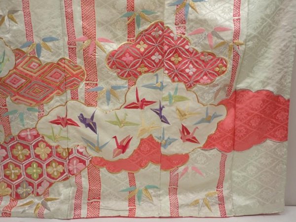 Photo7: 6508T13z1080 Vintage Japanese Kimono Silk FURISODE Origami crane  Mint white (7)