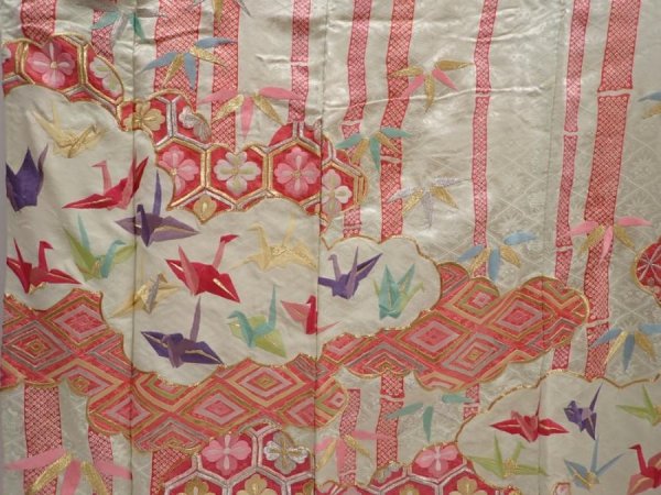 Photo8: 6508T13z1080 Vintage Japanese Kimono Silk FURISODE Origami crane  Mint white (8)