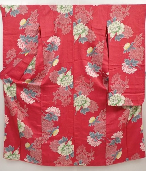 Photo1: 6508T14z690 Antique Japanese Kimono Silk FURISODE Peony Red-Pink (1)