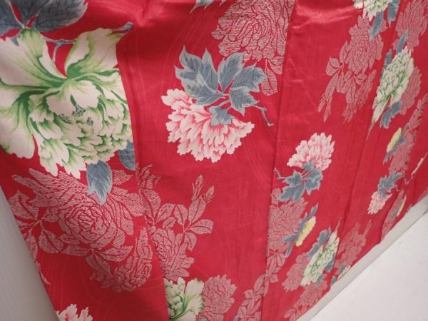 Photo3: 6508T14z690 Antique Japanese Kimono Silk FURISODE Peony Red-Pink (3)